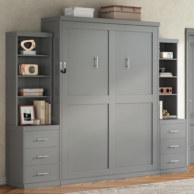 Murphy Bed Queen Size,Murphy Bed with Storage Shelves and Drawers,Wall Bedframe w/Wood Slatk,can be Folded,No Box Spring Needed,for Bedroom Apartment,Gray