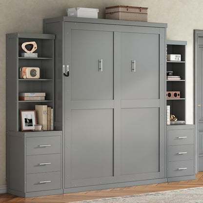 Murphy Bed Queen Size,Murphy Bed with Storage Shelves and Drawers,Wall Bedframe w/Wood Slatk,can be Folded,No Box Spring Needed,for Bedroom Apartment,Gray