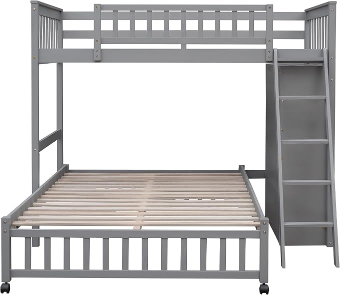 Ball & Cast Wooden Twin Over Full Bunk Bed with 6 Drawers & Flexible Shelves,Bottom Bedframe W/Wheel,Easy Assembly,Space Saving,Versatile Storage Furniture Set for Boy Girl Teen Compact Bedroom,Gray