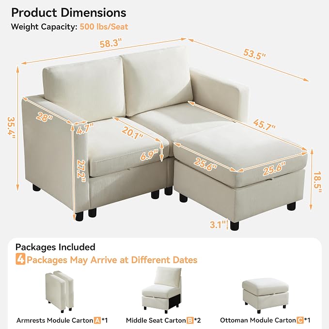 WUTUTUEE 58”Modular Sectional Loveseat Sofa with Storage, Comfy Office L Shaped Sofa Couch, Chenille Love Seat Modular Sectional Couch with Movable Ottoman for Living Room, Bedroom, Beige