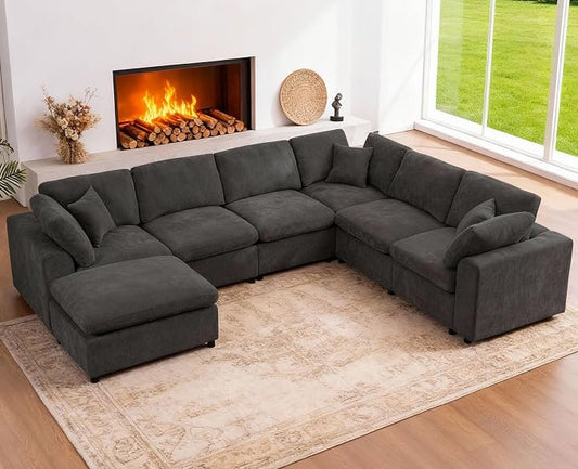 Oversized Modular Sectional Sofa Couch for Living Room, Dark Gray | Large 7 Seater Corner Sofa | Modern U Shaped Sectional | with Ottoman | Spacious Space | Comfy Chenille | for Large Families