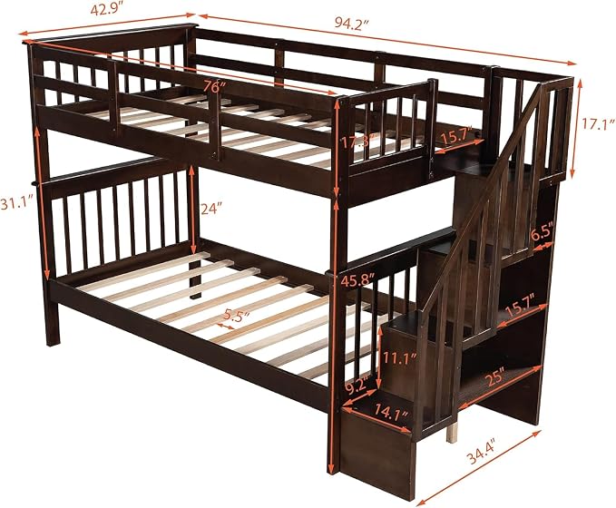 MERITLINE Twin Over Twin Bunk Bed with Storage Staircase, Solid Wood Stairway Convertible Bunk Bed with Stairs (Twin Over Twin,Espresso)