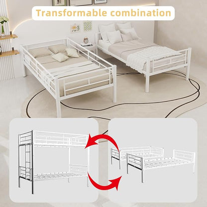 HRVEOCEI 2-Way Convertible Twin Over Twin Bunk Bed with Guardrail & Ladders, Metal Low Bunkbed for Kids Boys Girls, Heavy Duty, No Box Spring Needed, Space-Saving (White, No Trundle)