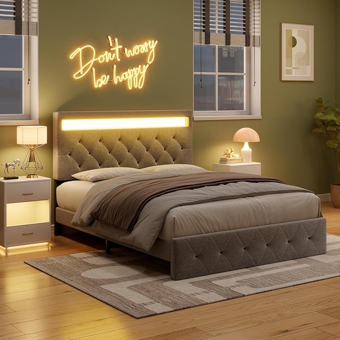 GarveeHome Queen Size Bed Frame with Charging Station and LED Lights, Upholstered Bed Frame with Adjustable Headboard, Heavy Duty Wood Slats, No Box Spring Needed, Easy Assembly, Grey