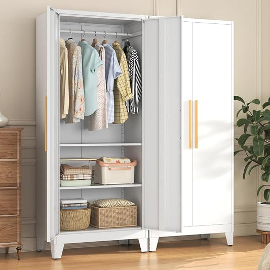 72" Tall Metal Armoire Wardrobe Closet - Large Clothing Storage Cabinet with 1 Hanging Rod,2 Adjustable Shelves & 2 Doors - Closet Organizer for Bedroom,Office, Laundry Room, Garage - White