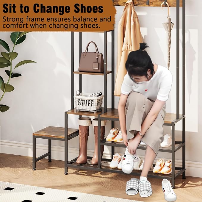 Espelism Hall Tree with Shoe Storage Bench Coat Rack with 7 Hooks Interchangeable 4 Tier Side Storage Shelves Small Cute Side Bench Industrial 5-in-1 Entryway Coat Rack for Hallway Mudroom Bedroom