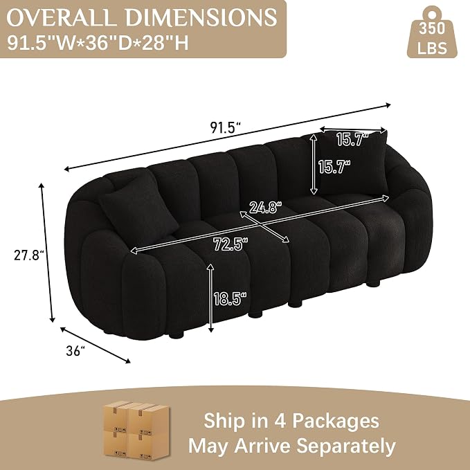 92" Oversized Minimalistic Boucle Sofa for Living Room, Luxury Plush Extra Deep Seat Tufted Sofa, Modern Comfy Curved Cloud Couch, Upholstered 3-Seater Chenille Couches, Black