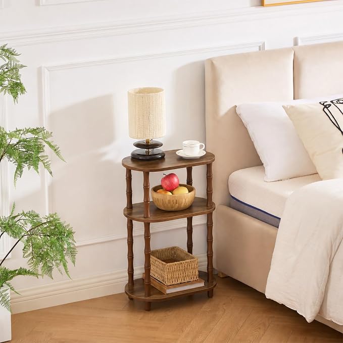 Narrow Side Table with Storage, 3-Tier End Table Skinny Nightstand for Bedroom, Living Room Small Space, Rustic Brown