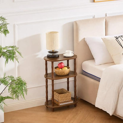 Narrow Side Table with Storage, 3-Tier End Table Skinny Nightstand for Bedroom, Living Room Small Space, Rustic Brown