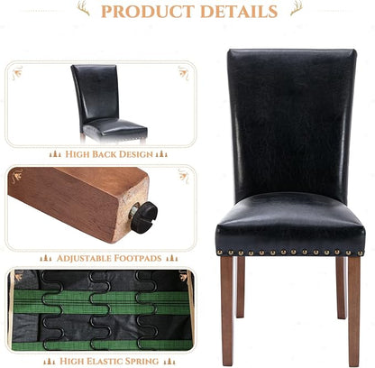 Parsons Dining Chairs Set of 2, Upholstered Nailhead PU Leather Dining Room Kitchen Side Chair with Thick Cushions and Wood Legs, Black