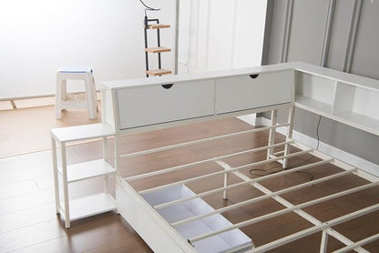 Bellemave Twin Size Corner Bed Frame with Storage Drawers, Bookcase and Side Desk, Twin Corner Bed with Light and Charging Station, Daybed for Bedroom, Living Room, Guest Room White