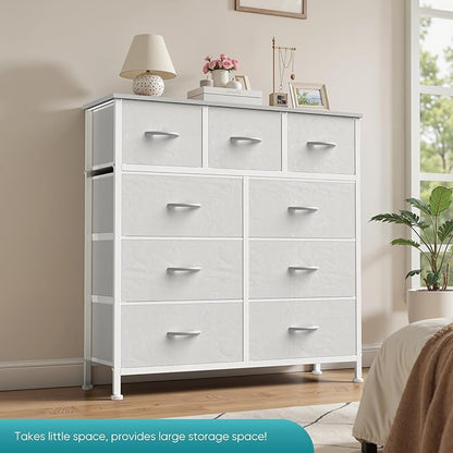 OLIXIS 9 Drawer Storage Dresser with Wood Top - Wide Fabric Chest Organizer for Bedroom, Closet, Living Room,Tower Cabinet, TV Stand, Hallway Entryway Furniture,White