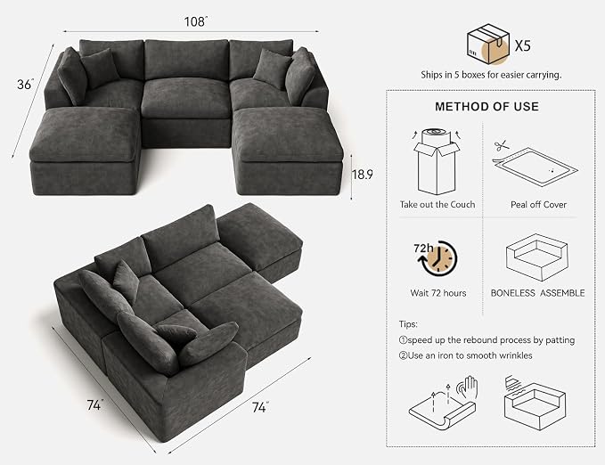 Cloud Sectional Couches for Living Room | 108 Inch U-Shaped Boneless Couch with Ottoman | Dark Grey Modular Sectionals Sofa Couch
