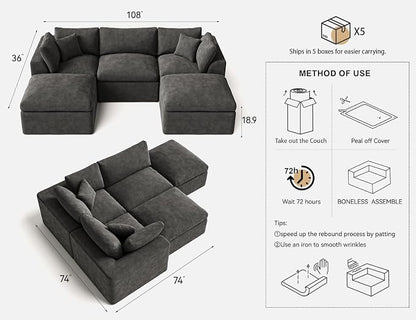 Cloud Sectional Couches for Living Room | 108 Inch U-Shaped Boneless Couch with Ottoman | Dark Grey Modular Sectionals Sofa Couch