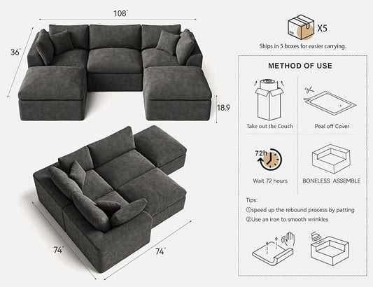 Cloud Sectional Couches for Living Room | 108 Inch U-Shaped Boneless Couch with Ottoman | Dark Grey Modular Sectionals Sofa Couch