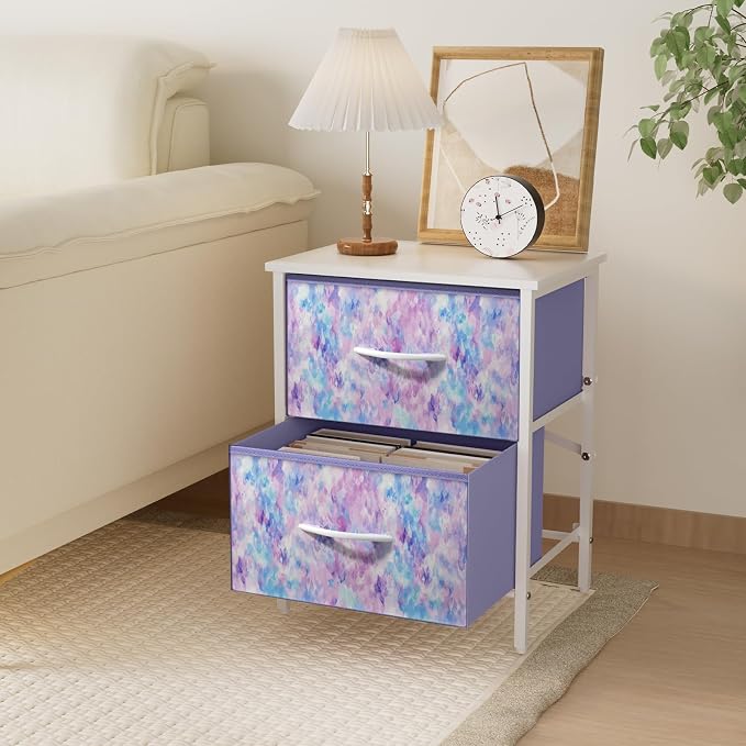 Stero Nightstand Set of 2, Kids Dresser with 2 Drawers, Steel Frame Bedside Furniture, Wood Top Fabric Night Stand, Colorful End Table for Home, Bedroom, Office, Tie-dye Purple
