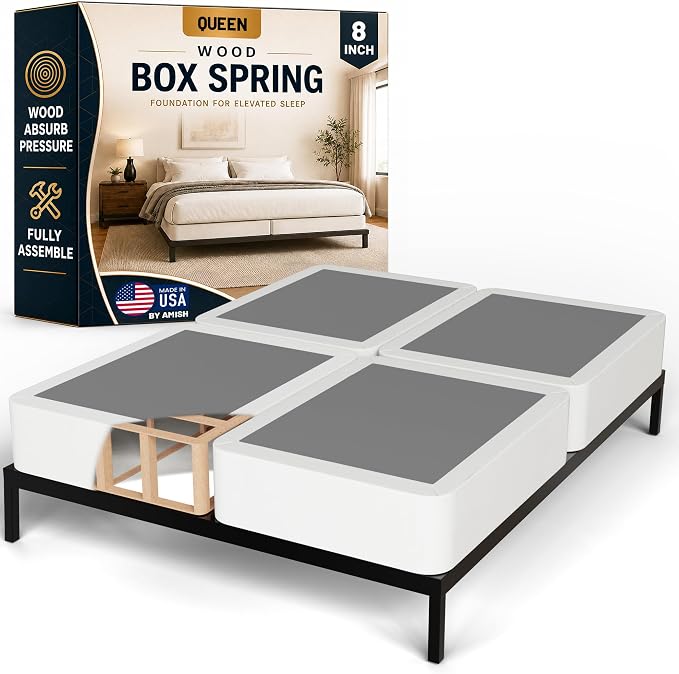 Treaton, 8-Inch Sturdy Wood Box Spring for Mattress Support - Durable and Fully Assembled, Natural Wood Foundation for Queen(New Version), White