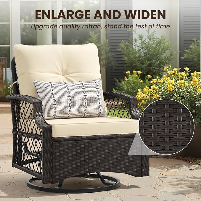 3-Piece Patio Furniture Set, Wicker Outdoor Bistro Set Swivel Glider Patio Chairs x 2 with Cushions, High Back All-Weather Rattan Outdoor Furniture for Porch, Backyard (Beige + Wicker)
