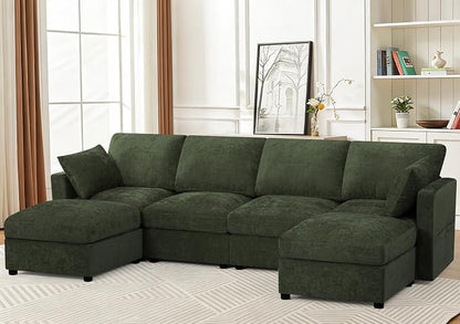 110” Chenille 4-Seats Sofa W/Two Movable Ottomans, Green | Modern Fabric U-Shaped Couch w/Soft Backrests, Upholstered Sectional Sofa w/Arm Pillows for Living Room, Office