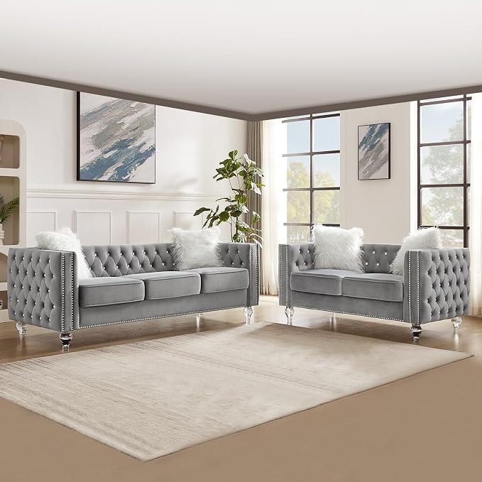 60" Chesterfield Sofa, Velvet Mid-Century Modern Upholstered Loveseat Sofa with 2 Throw Pillows and Acrylic Legs, Nailhead Button Tufted Vintage Couch for Living Room, Apartment, Grey
