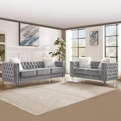 60" Chesterfield Sofa, Velvet Mid-Century Modern Upholstered Loveseat Sofa with 2 Throw Pillows and Acrylic Legs, Nailhead Button Tufted Vintage Couch for Living Room, Apartment, Grey