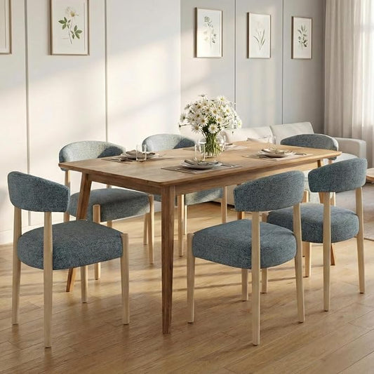 VKNOW Wooden Dining Chairs Set of 6 with Curved Open Back, Blue | Natural Rubberwood Legs, Soft Chenille Fabric, Thickened Cushion, For Adults and Family, Dining Room, Kitchen, No Wobble