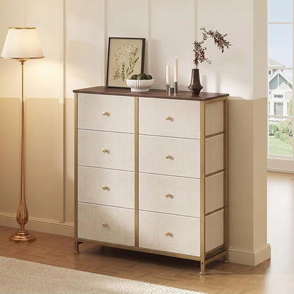 Sweetcrispy 8 Drawer Dresser for Bedroom, Organizer Storage Drawers, Khaki | Fabric Storage Tower, Chest of Drawers with Steel Frame, Wood Top for Living Room, Closet