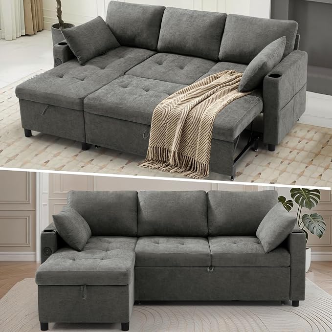 84" L-Shape Reversible Sectional Sofa Bed w/USB Port, Light Grey | Upholstery Sleeper Couch w/Adjustable Backrests & Storage Chaise, Chenille Modern Sofa w/Pull-Out Bed for Living Room