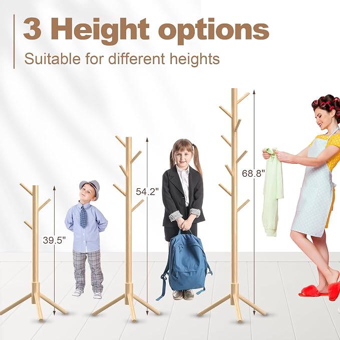 Aliphon Wooden Coat Rack Stand, Freestanding Coat Rack with 8 Hooks, 3 Adjustable Size Coat Tree for Hats, Coats, Scarves bags, Coat Hanger Stand Used in Bedroom/Office/Entryway,2 PCS (Natural)
