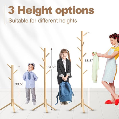 Aliphon Wooden Coat Rack Stand, Freestanding Coat Rack with 8 Hooks, 3 Adjustable Size Coat Tree for Hats, Coats, Scarves bags, Coat Hanger Stand Used in Bedroom/Office/Entryway (Natural)