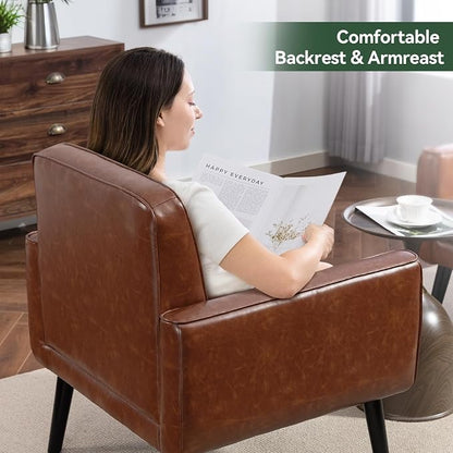 Vogue Furniture Direct Mid Century Accent Chair, PU Leather Modern Chair with Wooden Frame, Cozy Armchair Reading Chair with Comfy Back for Apartment, Living Room, Bedroom, Small Space, Corner, Brown
