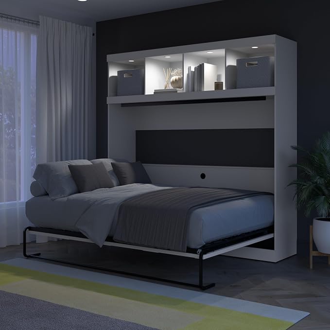 Bestar Queen Size Horizontal Murphy Bed with Storage and Charging Station, 80-inch, for Bedroom or Guestroom, Pur Collection, Modern, White