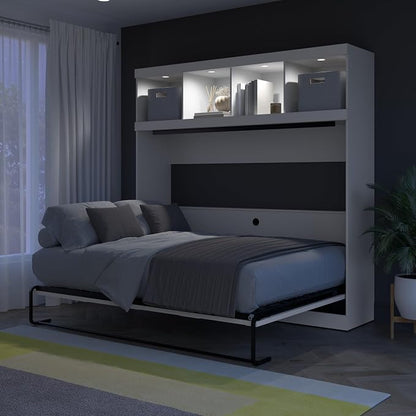 Bestar Queen Size Horizontal Murphy Bed with Storage and Charging Station, 80-inch, for Bedroom or Guestroom, Pur Collection, Modern, White