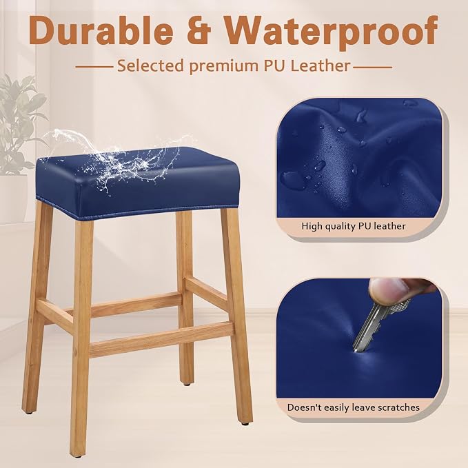 PU Leather Bar Stool Covers Rectangular, 100% Waterproof Stool Covers Rectangle Super Stretch 20% Thicker Leather Saddle Stools Cover Rectangular Counter Bar Stools with Elastic Band (4 PCS, Navy)