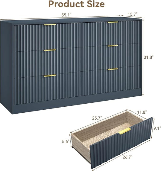 Navy Blue 6 Drawer Dresser for Bedroom, 55" Wide Fluted Chest of Drawers with Gold Metal Handles, Wood Dresser Storage Organizer Mid Century TV Stand for Living Room Closet Hallway