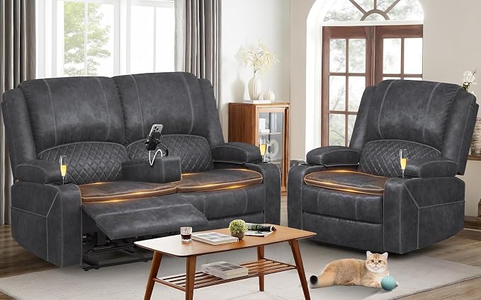 Yolsali Velvet Fabric Loveseat Recliner Sofa Set with 2-Tier Cushion, 2+1 Pieces in Living Room, 2 Seater Reclining Loveseat with Removable Console, 1 Oversize Recliner Chair Sofa Seat - Grey