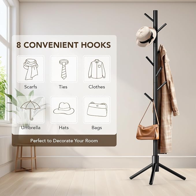 Hupmad Wooden Tree Coat Rack Stand,Sturdy Freestanding Coat Rack with 8 Hooks,3 Adjustable Height for Child Adult,Wood Coat Stand Tree Fits Entryway Bedroom Office for Bags,Hats, 2 Pack