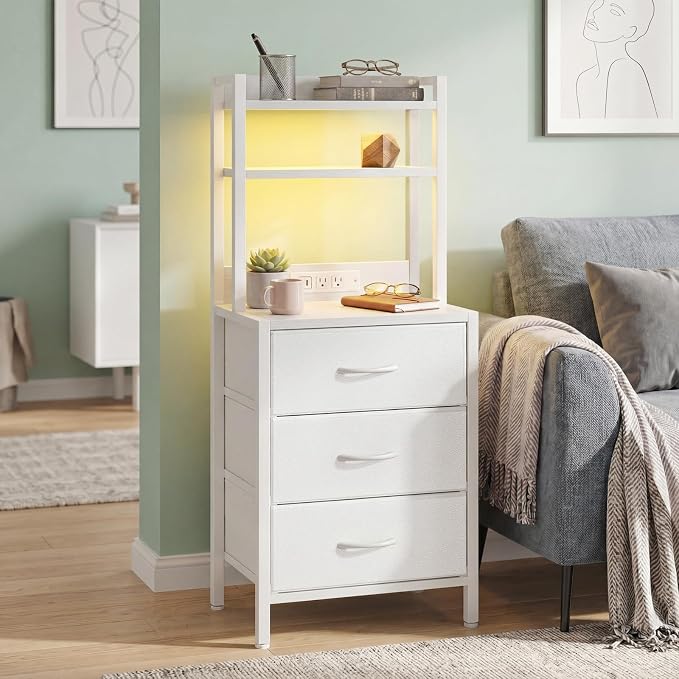 Fixwal Tall Nightstand with Charging Station, 41 Inch Led Night Stand with U-S-B Port & Socket, 3 PU Finished Fabric Storage Drawers, Office, Bed Side Table & Bookshelf in One, White
