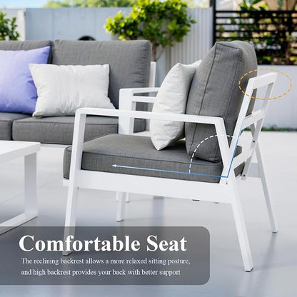 Outdoor Couch 3-Seat All-Weather Metal Outdoor Sofa, Oversized Patio Couch, Aluminum Patio Sofa with 5" Cushions (White/Dark Grey)