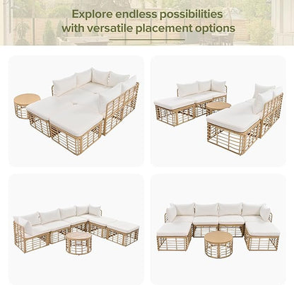 7 Pieces Outdoor Patio Furniture Sectional Sofa Set with Coffee Table, All-Weather Rattan Conversation Set with Thick Cushions and Pillows for Garden Backyard Balcony, Freely Combined (Beige-7S)