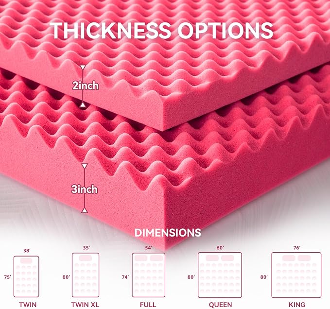 SINWEEK 3 Inch Egg Crate Memory Foam Mattress Topper Twin XL, Twin Extra Long Mattress Pads for College Dorm Room, Pressure Relieve CertiPUR-US Certified, 39x80 Inches, Pink