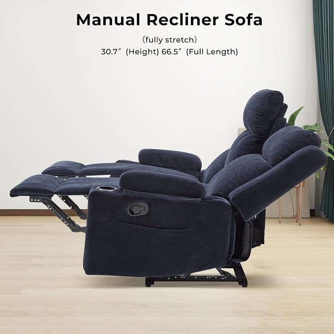 GUEAPY Large Manual Reclining Sofa 3-Seater Chenille Recliner Couch with Cup Holders, Wide Seat, Easy Assembly & Spill-Resistant Fabric Cozy Reclining Sofa for Living Room, Apartment, RV, Blue