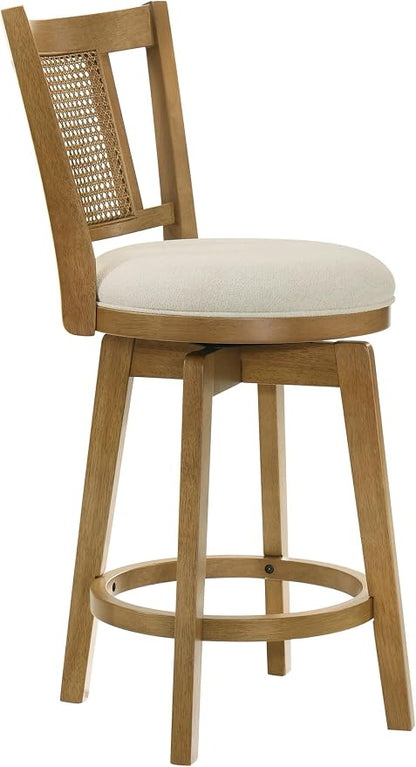 Armen Living Isla 30 in. Amber Glow Bar Height Rubberwood Swivel Barstool with Ivory Fabric Seat - Set of 3
