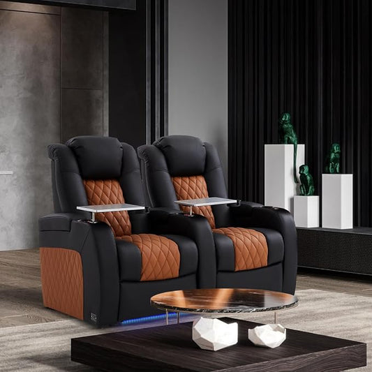 Weilianda Home Theater Seating Top Grain Leather Zero Gravity Recliner Chair Power Headrest Recline Movie Seat Gaming 7 Colors Mood Light Sofa with Tray Table Row of 3 Loveseat Right Black Camel