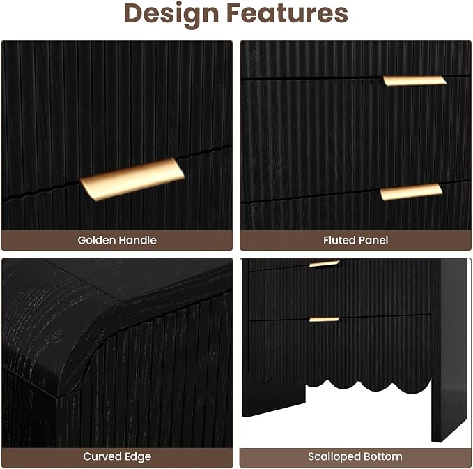 Scalloped Black 3 Drawer Dresser for Bedroom, 32'' Wide Large Drawer Nightstand,3 Drawer End Table Living Rooms, Offices, and Entryway