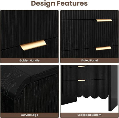 Scalloped Black 3 Drawer Dresser for Bedroom, 32'' Wide Large Drawer Nightstand,3 Drawer End Table Living Rooms, Offices, and Entryway