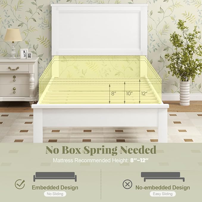 Giantex Wood Twin Bed Frames with Headboard, Mid Century Platform Bed Frame with Solid Wood Legs & Wooden Slat Support, Twin Bed Frames for Kids Adults, White Bed