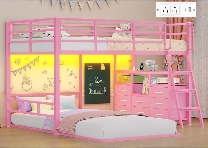 busyaeh Bunk Bed Twin Over Twin 8 Drawer & 4 Shelve, 15" H Safety Guardrail | bunk Bed with Desk, Low bunk bed with LED Lights & Charging Station,L-Shaped Bunk Beds with Stairs,Girls bunk bed,Pink