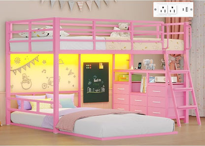 busyaeh Bunk Bed Twin Over Twin 8 Drawer & 4 Shelve, 15" H Safety Guardrail | bunk Bed with Desk, Low bunk bed with LED Lights & Charging Station,L-Shaped Bunk Beds with Stairs,Girls bunk bed,Pink