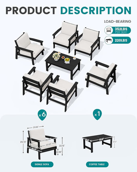 SERWALL Patio Conversation Sets, 7 Piece, Black Frame with Khaki Cushions